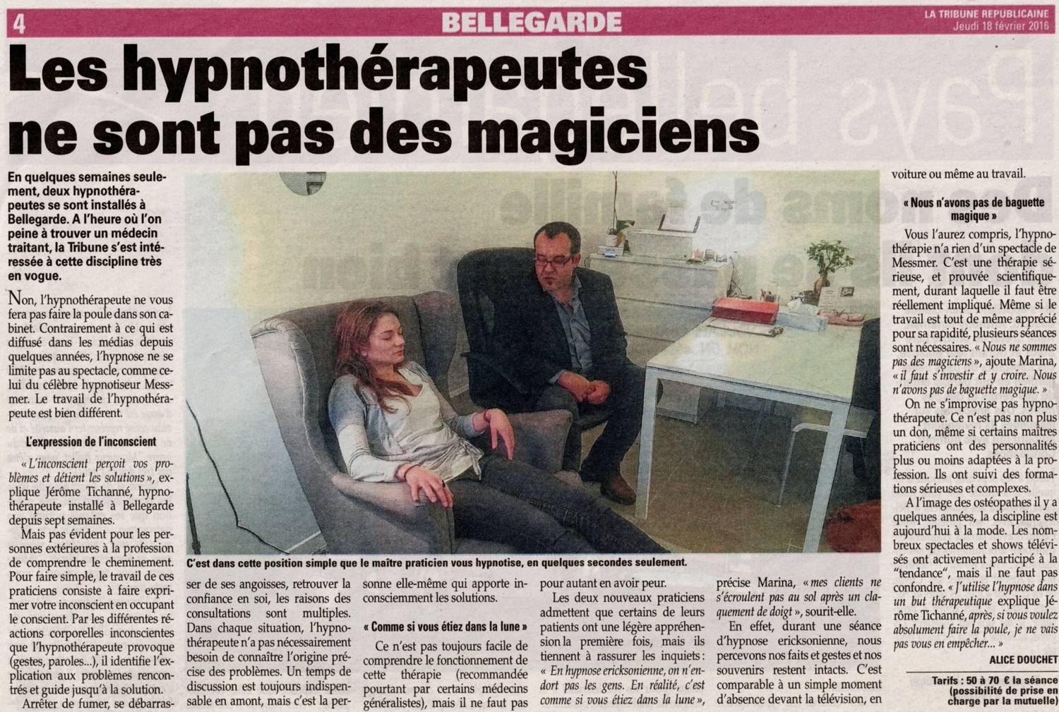 Coupure de presse : Les hypnothérapeutes ne sont pas des magiciens, La Tribune Républicaine · Page 4, 18 février 2016